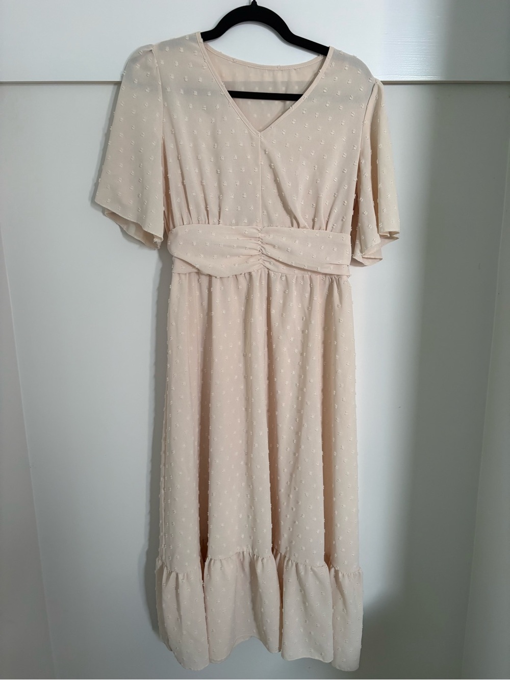 Women's Cream Textured Midi Dress with V-Neck